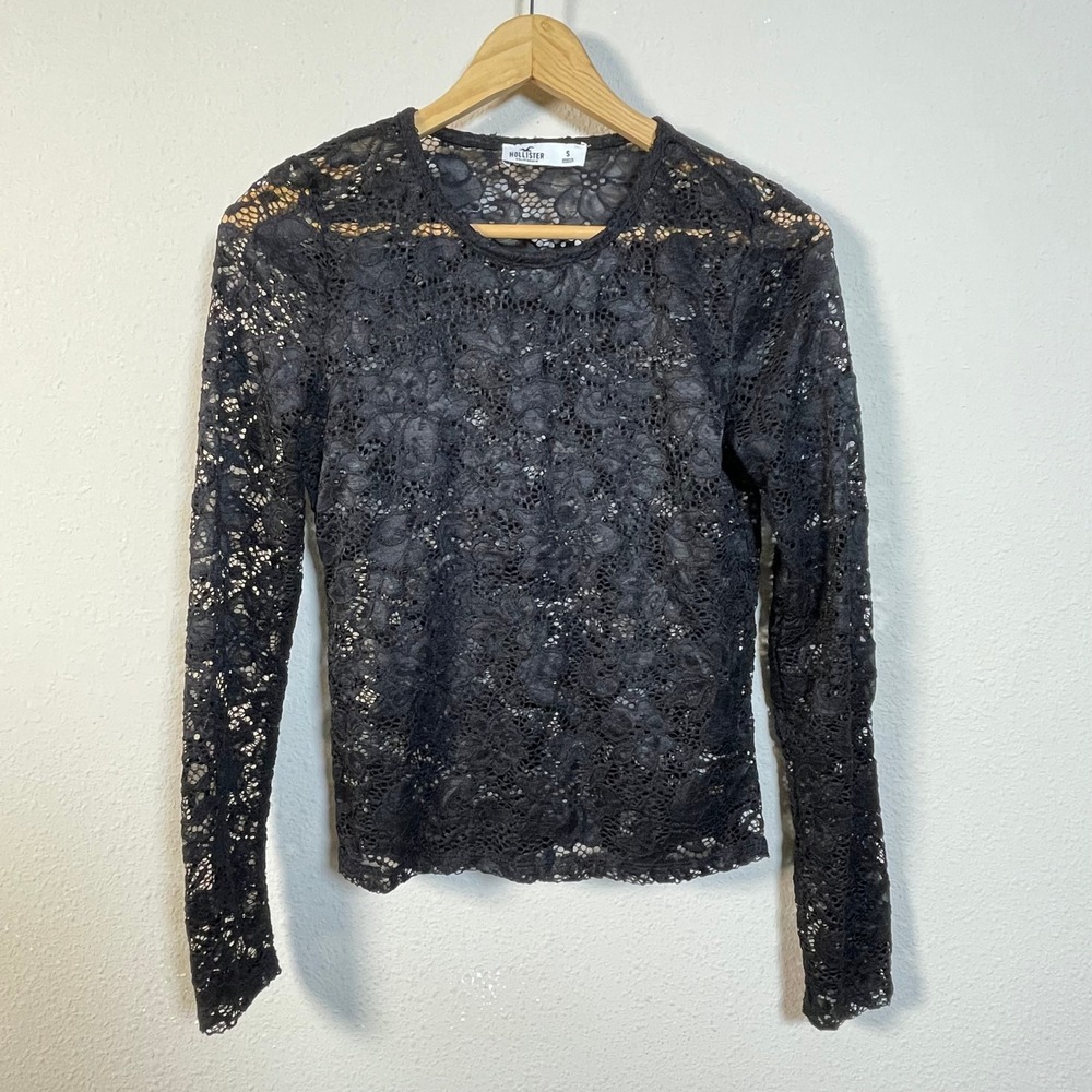 Hollister Floral Lace Top Womens‎ Small Black Sheer Long Sleeve Goth Dark Fairy